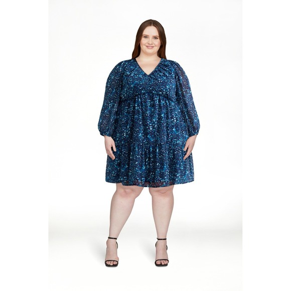 Terra‎ & Sky Dress 4X Semi Sheer Lined Flowey Blue Dots Long Sleeve Chiffon - Picture 1 of 8